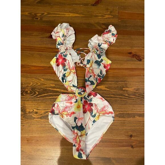 NWOT Ruffled Monokini Plunge Floral Swimsuit with Kimono Skirt, size S - Picture 2 of 11